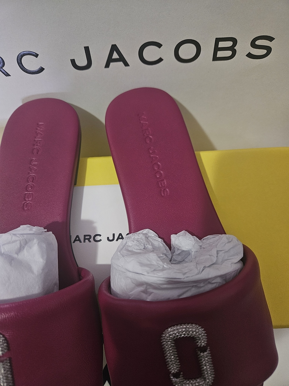 Marc Jacobs Fuchsia Slide Sandals with Crystal Logo Accent - Picture 6 of 11